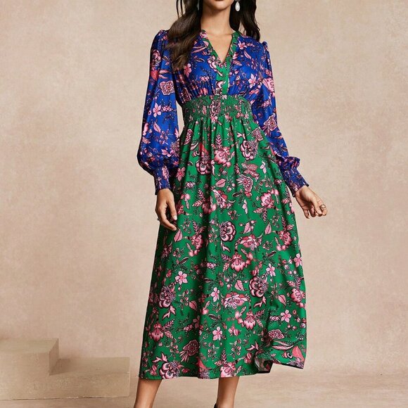 Multicolor Boho Women's Fitted Spliced Print Dress - Picture 6 of 6